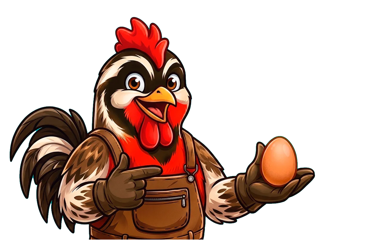 Gallo mascota de Las Loicas sosteniendo un huevo